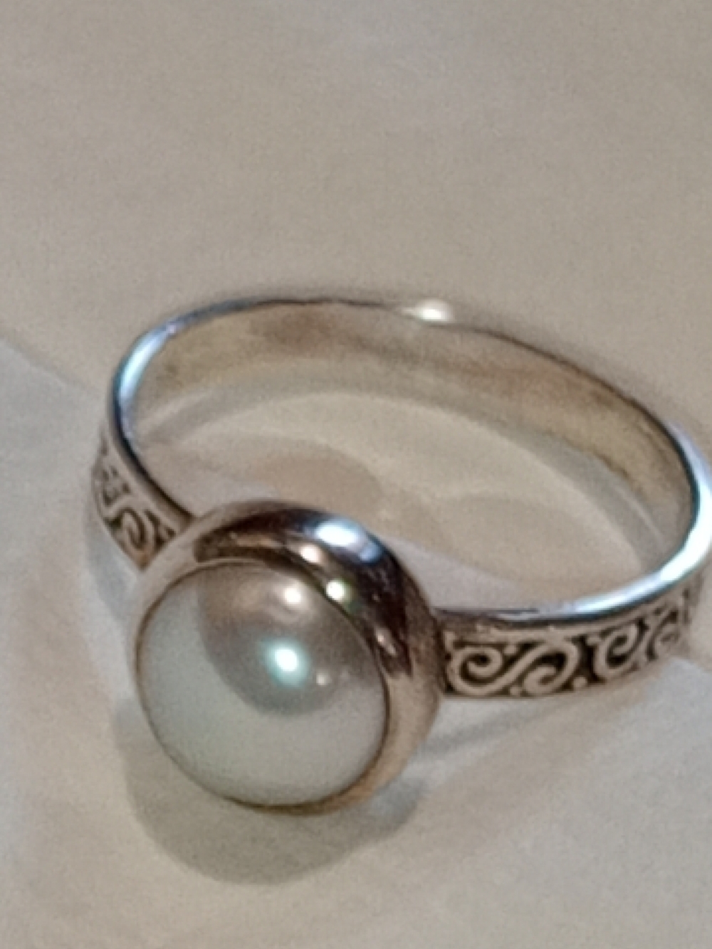 Pearl Sterling Silver Scroll Band Pearl Ring Bezel Set By Janice Girardi - Picture 2 of 16